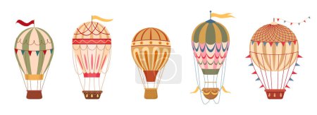 Illustration for Retro hot air balloons. Cartoon flying hot air balloons decorated with flags and garlands flat vector illustration set. Vintage air transport collection - Royalty Free Image