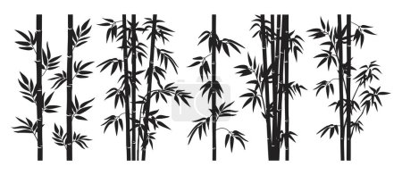 Téléchargez les illustrations : Des tiges de forêt de bambous. Jungle tiges de bambou silhouettes, branches de bambou avec des feuilles, décor bambou plat vecteur illustration ensemble. Encres noires - en licence libre de droit