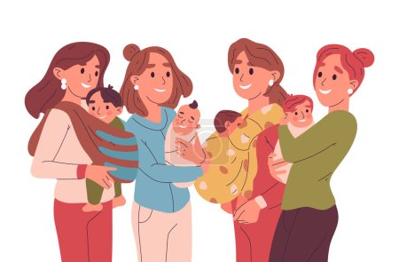 Ilustración de Madres con bebés. Padres femeninos con niños lindos, mamás que llevan niños recién nacidos y niños pequeños ilustración vectorial plana. Concepto de maternidad en blanco - Imagen libre de derechos