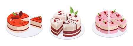 Téléchargez les illustrations : Gâteaux de fête d'anniversaire isométriques. Gâteaux avec glaçage au chocolat ou à la vanille et baies, anniversaire gâteaux cuits ensemble illustration vectorielle 3d. Gâteaux pâtissiers sucrés - en licence libre de droit