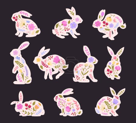 Ilustración de Siluetas de conejo de Pascua. Conejos de dibujos animados con flores de primavera, decorado floral liebre Pascua plana vector ilustración conjunto. Lindo conejitos de Pascua decoración - Imagen libre de derechos