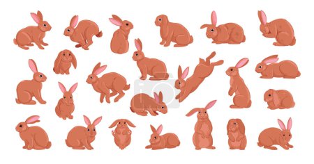 Ilustración de Conejitos de primavera. Dibujos animados conejos vacaciones de Pascua, animales liebre divertida vida silvestre, piel de jengibre conejito doméstico plana vector ilustración conjunto. Colección de conejos lindos - Imagen libre de derechos
