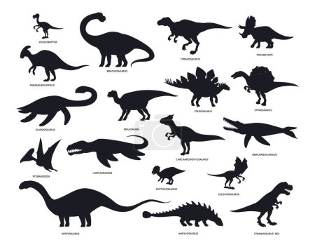 Illustration for Dinosaurs silhouettes. Ancient Jurassic reptiles, black ink stegosaurus, brontosaurus and pterodactyl silhouettes flat vector illustration set. Dino monsters silhouette collection - Royalty Free Image