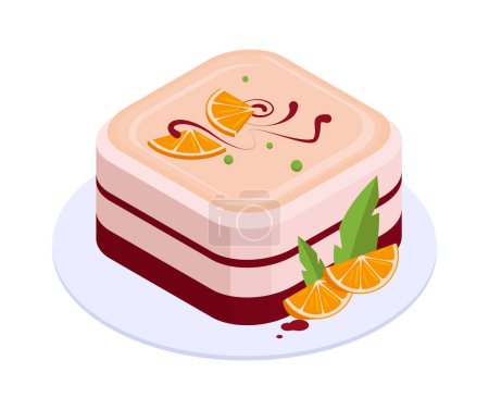 Téléchargez les illustrations : Gâteau de fête isométrique. Gâteau au chocolat ou à la vanille avec glaçage et fruits, gâteau pâtissier sucré illustration vectorielle 3D. Fête d'anniversaire gâteau cuit - en licence libre de droit