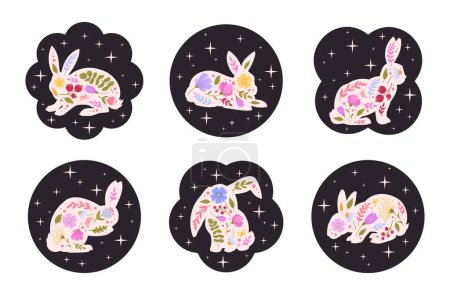 Téléchargez les illustrations : Silhouettes de lapin. Lapins de Pâques avec des fleurs de printemps, mignon Pâques lièvres timbres décoratifs plat vectoriel illustration ensemble. Étiquettes lapins vacances printemps - en licence libre de droit