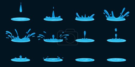 Illustration for Dripping water animation. Cartoon liquid water splashes, clean aqua splatter animation frames flat vector illustration set. Water splash sprite sheet - Royalty Free Image