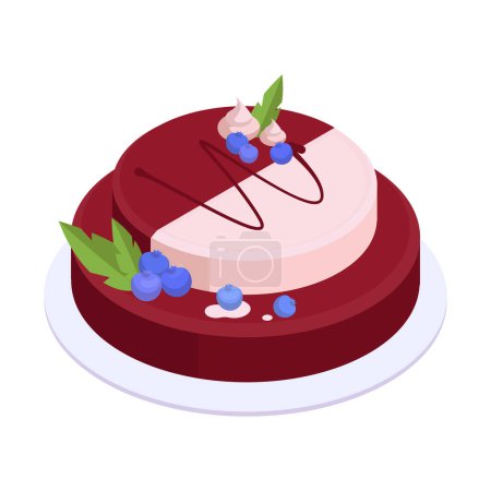 Téléchargez les illustrations : Gâteau d'anniversaire isométrique. Gâteau au chocolat avec glaçage et décor de fruits, délicieux gâteau cuit illustration vectorielle 3d. gâteau d'anniversaire festif - en licence libre de droit
