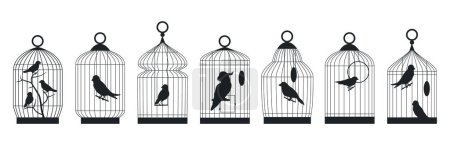 Illustration for Metal birds cages silhouettes. Birds cages with domestic birds, finch, cockatoo, canary and budgie sitting in cages flat vector illustration set. Cages silhouette collection - Royalty Free Image
