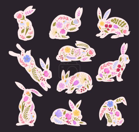 Ilustración de Siluetas de conejo de Pascua. Conejos decorativos con flores de primavera, lindo conjunto de ilustración de vectores planos liebre de Pascua. Decoraciones de vacaciones de conejo - Imagen libre de derechos