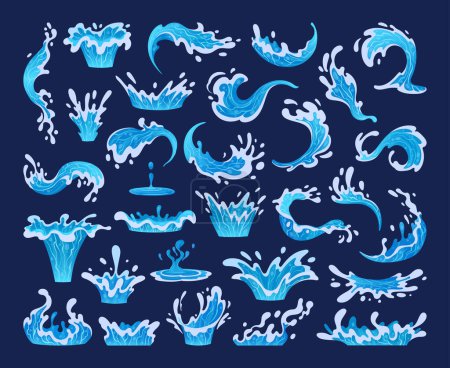 Illustration for Water splashes. Cartoon aqua splashing, blue ocean waves, drops and water flows, transparent water splash flat vector illustration set. Clean water motion collection - Royalty Free Image