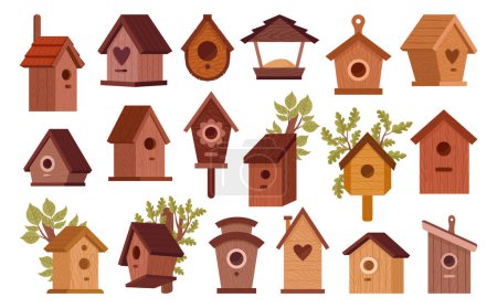 Ilustración de Casas de dibujos animados para pájaros. Casa de madera hecha a mano de aves con alimentadores, lindos nidos de aves en árboles conjunto de ilustración vector plano. Cajas de anidación para aves - Imagen libre de derechos
