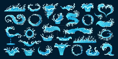 Illustration for Cartoon water drop splash set. Blue liquid drops and water flows, transparent water splashes, clean drops frames flat vector illustration set. Water waves collection - Royalty Free Image