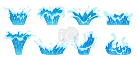 Illustration for Cartoon water splashes. Blue ocean waves, aqua splashing, clean water splash flat vector illustration collection. Transparent water motion set - Royalty Free Image