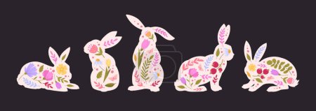 Ilustración de Siluetas de conejitos de Pascua. Lindos conejos de primavera siluetas decoradas con flores, liebres de Pascua conjunto de ilustración vector plano. Colección de conejos de dibujos animados - Imagen libre de derechos