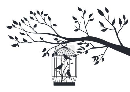 Illustration for Bird cage hanging on tree. Decorative birds in tree cage, birds in in metal cages silhouettes flat vector illustration. Birds cage hanging on tree branch - Royalty Free Image