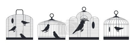 Illustration for Birds sitting in cages silhouettes. Birds cages with domestic birds, canary, finch, cockatoo and budgie flat vector illustration set. Bird cages silhouette collection - Royalty Free Image