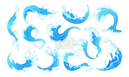 Ilustración de Salpicaduras del océano azul. Salpicaduras de agua, olas de agua, gotas y flujos, salpicaduras de agua limpia conjunto de ilustración vectorial plana. Elementos transparentes del movimiento del agua - Imagen libre de derechos