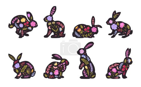 Ilustración de Siluetas de conejo. Flores de Pascua conejos decorados, liebres de Pascua oído conjunto de ilustración vector plano. Primavera vacaciones conejos siluetas - Imagen libre de derechos