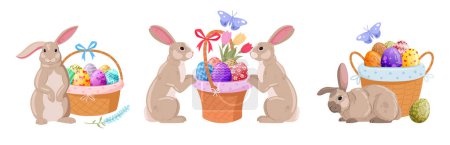 Ilustración de Conejitos de Pascua con canasta de huevos. Primavera conejos de Pascua y canasta de mimbre llena de huevos de pollo pintados ilustración vector plano. Primavera Pascua huevo caza liebre mascotas - Imagen libre de derechos