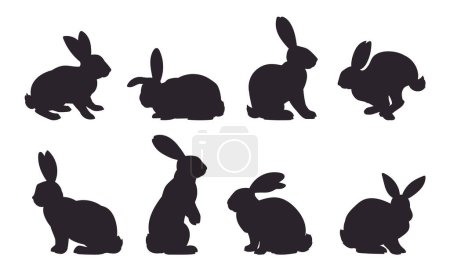 Silhouettes de lapin de Pâques. Mignons lapins printemps monochromes, oreilles lièvres de Pâques plat vecteur illustration ensemble. Collection silhouette lapins vacances noires