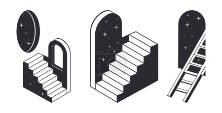 Ilustración de Escaleras geométricas surrealistas. Escaleras monocromas abstractas, escaleras mínimas conjunto de ilustración vectorial plana. Esquema de escaleras de diseño en blanco - Imagen libre de derechos