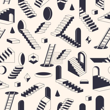 Illustration for Geometric surreal ladders pattern. Abstract stairs modern stairs and geometric shapes flat vector seamless background illustration. Monochrome surreal ladders endless backdrop - Royalty Free Image