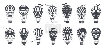 Ilustración de Globos de aire caliente. Vintage aviones voladores siluetas, globos de aire caliente conjunto de ilustración vector plano. Siluetas de transporte retro en blanco - Imagen libre de derechos
