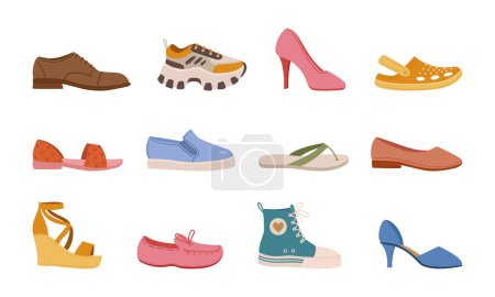 Ilustración de Calzado primavera verano. Zapatos modernos, zapatillas botas y sandalias, zapatos de moda masculina y femenina conjunto de ilustraciones vectoriales planas. Calzado casual de temporada - Imagen libre de derechos
