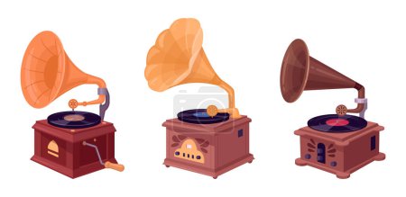Illustration for Retro nostalgic music devices. Gramophone player for listening music, antique music gramophones flat vector illustration set. Old school gramophones - Royalty Free Image