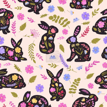 Ilustración de Conejos patrón sin costuras. Conejo de Pascua decorado con flores de primavera, liebres de Pascua floral plana ilustración de fondo vector. Primavera conejitos de Pascua diseño sin fin - Imagen libre de derechos