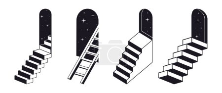 Ilustración de Escaleras monocromas abstractas. Escaleras geométricas surrealistas, escaleras mínimas con portales de arco conjunto de ilustración vectorial plana. Escaleras de contorno en blanco - Imagen libre de derechos