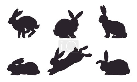 Bunny silhouettes. Easter spring monochrome rabbits, eared Easter hares flat vector illustration set. Cute holidays rabbits silhouette collection