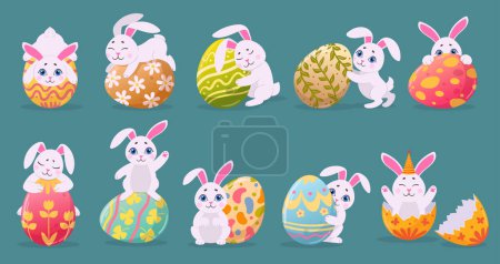 Illustration for Easter bunnies with colored eggs. Cartoon traditional Easter elements, cute rabbits carrying chocolate eggs flat vector illustration set. Holiday easter bunny collection - Royalty Free Image