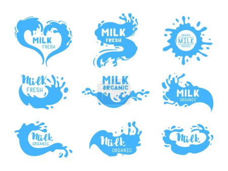 Ilustración de Logotipo de flujos de leche. Etiquetas de dibujos animados de salpicaduras de leche, gotas de salpicadura de productos lácteos de vaca o cabra con juego de ilustración de vectores planos de letras. Colección logo Salpicaduras lechosas - Imagen libre de derechos