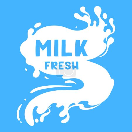 Illustration for Milky splash logo. Cartoon milk flow logo, cow or goat dairy product splash label with lettering flat vector illustration. Fresh milk flow logo - Royalty Free Image