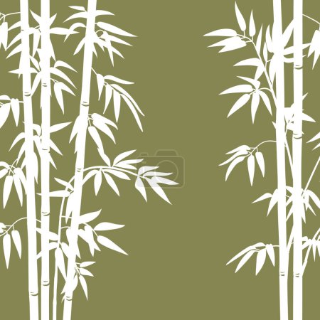 Téléchargez les illustrations : Fond en bambou asiatique. Caricature de bambou plantes forestières avec des branches et des feuilles, la flore japonaise vecteur plat illustration de fond. Modèle de germes de bambou - en licence libre de droit