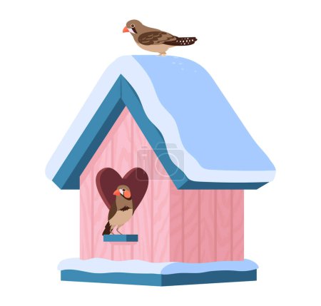 Birds nest with feeder. Cartoon handcrafted winter birdhouse on tree, wooden bird house flat vector illustration. Nesting bird house on white