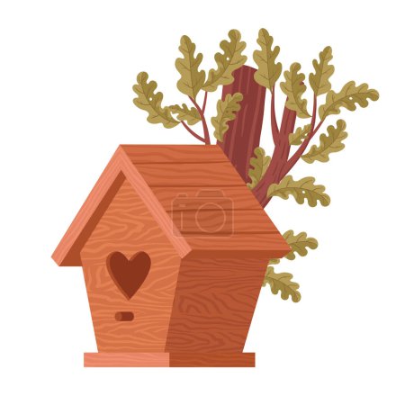 Ilustración de Casa de dibujos animados. Casa de pájaro de madera hecha a mano en roble, lindo nido de pájaro con ilustración de vector plano alimentador. Casa de aves anidando en el árbol - Imagen libre de derechos