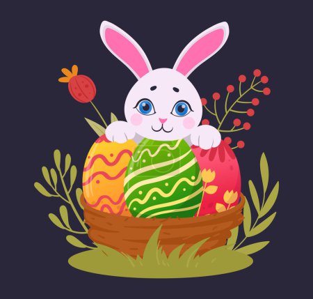 Téléchargez les illustrations : Joli lapin embrassant des œufs. Lapin aux œufs peints de Pâques, lièvre de Pâques aux œufs en chocolat illustration vectorielle plate. Vacances de printemps lapin de Pâques - en licence libre de droit