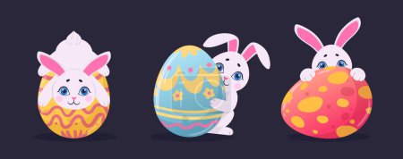 Ilustración de Conejitos de Pascua con huevos de colores. Conejos de Pascua de dibujos animados y huevos de chocolate lindo conjunto de ilustración vector plano. Pascua tradicional vacaciones conejito mascotas - Imagen libre de derechos