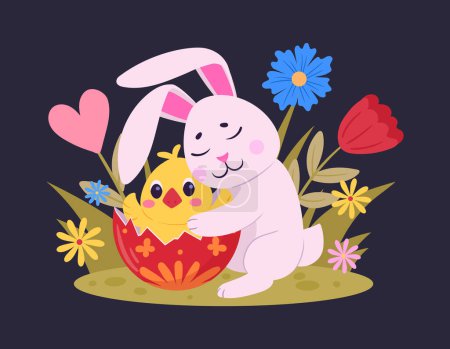 Illustration for Easter bunny with cute chicken. Little rabbit and hatching chick flat vector illustration. Easter traditional holidays mascots - Royalty Free Image