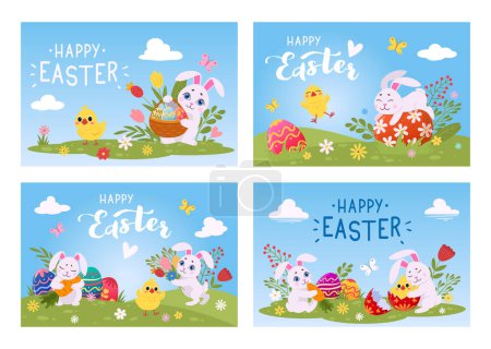 Ilustración de Huevos de Pascua caza cartas. Carteles tradicionales del festival de primavera con lindo conejo de Pascua y huevos pintados conjunto de ilustración de fondo de vector plano. Feliz Pascua telones de fondo - Imagen libre de derechos