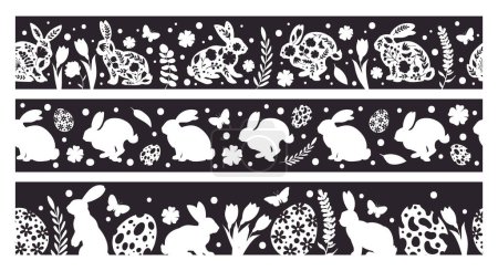 Ilustración de Divisores de conejos de Pascua. Lindos bordes de marco sin costura conejito con huevos de Pascua y flores, pequeños bordes de conejito conjunto de ilustración vector plano. Pascua vacaciones fronteras - Imagen libre de derechos