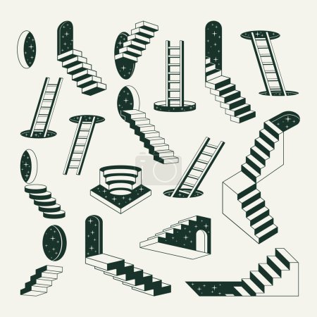 Illustration for Geometric ladders. Monochrome abstract surreal stairs, minimal outline stairway elements flat vector illustration set. Minimal design staircases collection - Royalty Free Image