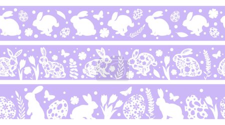 Illustration for Easter bunny seamless borders. Cute rabbits dividers with Easter eggs and flowers, Easter eared hares frame borders flat vector illustration set. Spring holiday borders - Royalty Free Image