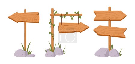 Illustration for Wooden arrow sign boards. Cartoon pathfinding wooden signs, direction signs and borders flat vector illustrations set. Rustic sign boards - Royalty Free Image