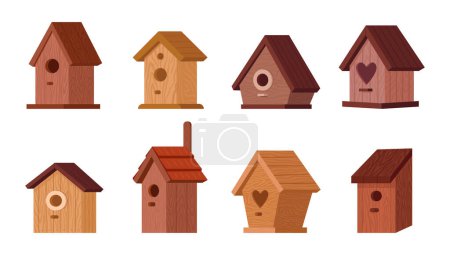 Ilustración de Casas de pájaros de madera. Dibujos animados lindos nidos de aves en los árboles, casa de aves hechas a mano con alimentadores conjunto de ilustración vector plano. Cajas de anidación para aves - Imagen libre de derechos