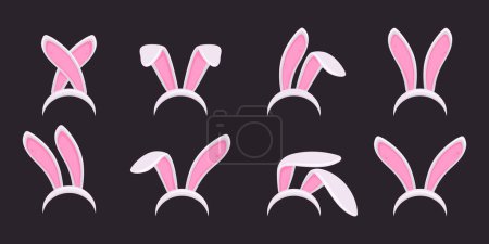 Téléchargez les illustrations : Des oreilles de lapin de Pâques. Masque oreilles de lapin, traditionnelles vacances de printemps lapins oreilles bande plat vecteur illustration ensemble. Oreilles lapin de Pâques éléments costume - en licence libre de droit