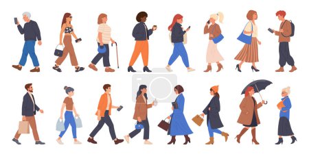 Illustration for Walking people. Men and women going to office, shopping or walking, pedestrians walk, student, businessman or tourist walk together flat vector illustration set. People diverse crowd characters - Royalty Free Image