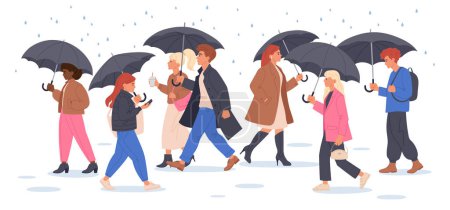 Ilustración de Personajes bajo la lluvia con paraguas. Gente caminando bajo paraguas, temporada de lluvias caminando conjunto de ilustración vectorial plana. Dibujos animados mujeres y hombres caminando bajo el paraguas - Imagen libre de derechos